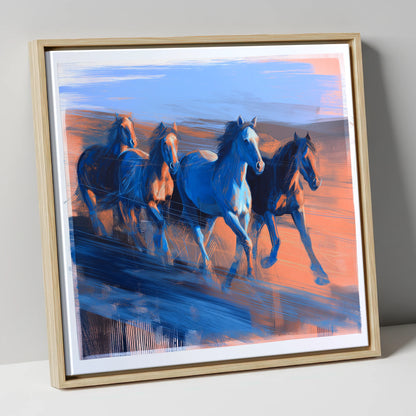 Cobalt Horizon Herd wild horses canvas wall art in natural frame