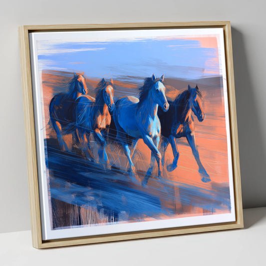 Cobalt Horizon Herd wild horses canvas wall art in natural frame