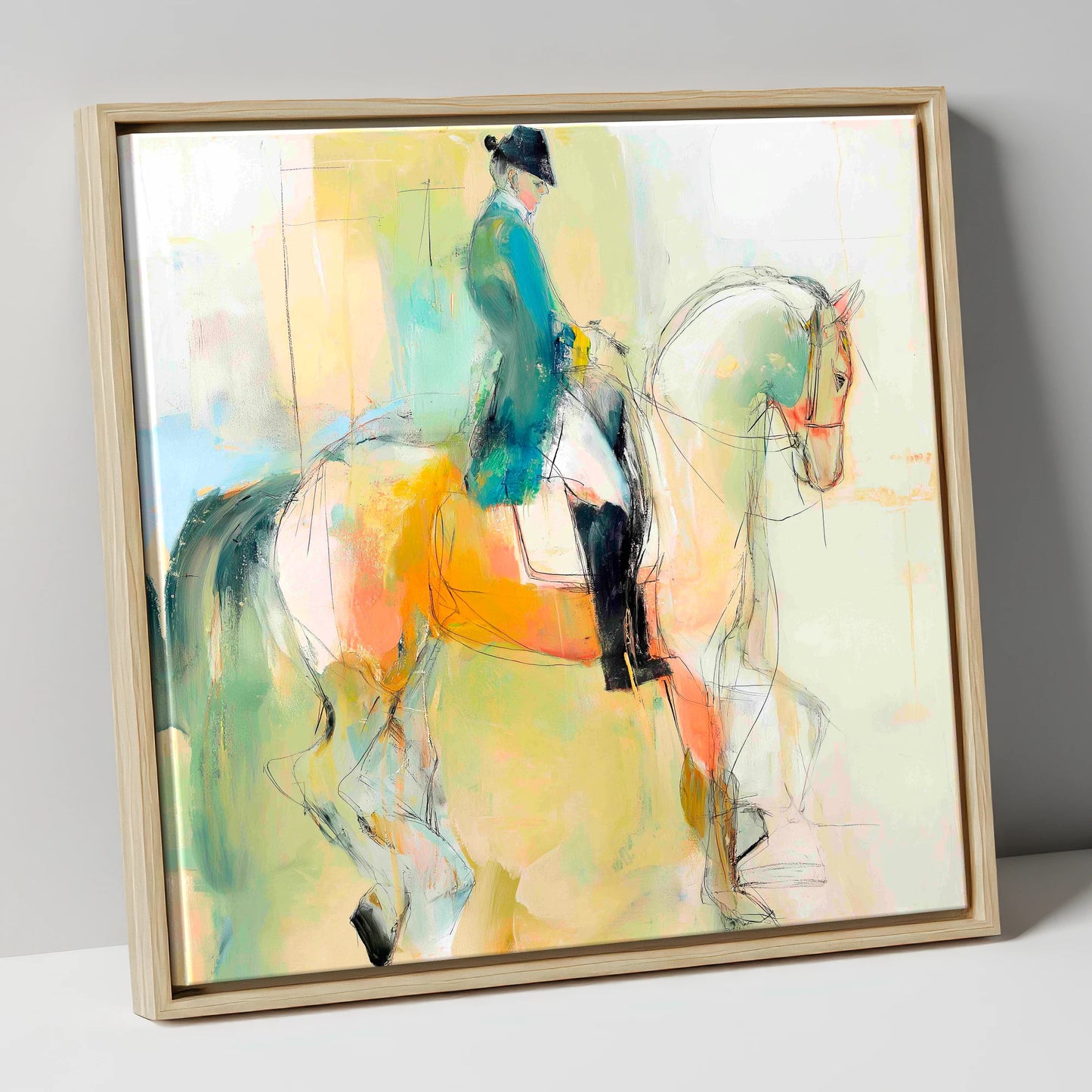 Abstract Dressage Harmony dressage horse canvas wall art in natural frame