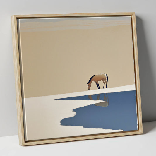Solitary Reflection horse landscape canvas wall art in natural frame