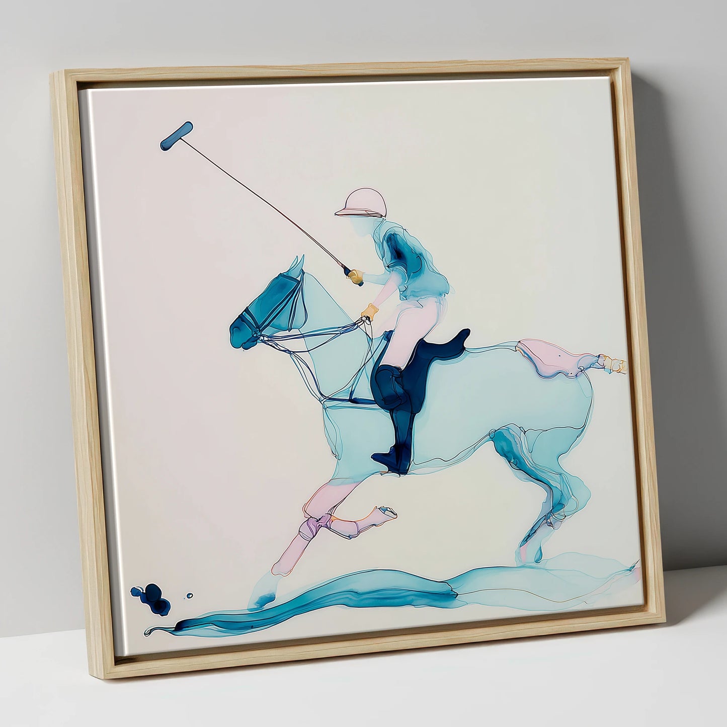 Ethereal Polo Strike polo horse canvas wall art in natural frame