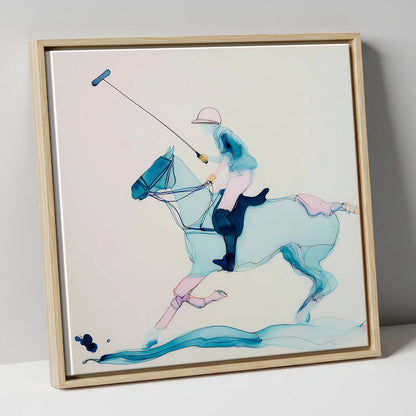 Ethereal Polo Strike polo horse canvas wall art in natural frame