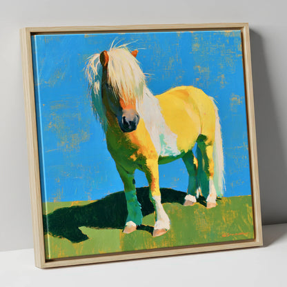 Sunlit Shetland Pony Portrait horse breed canvas wall art in natural frame