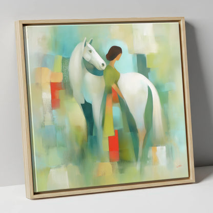 Verdant Harmony horse & rider canvas wall art in natural frame