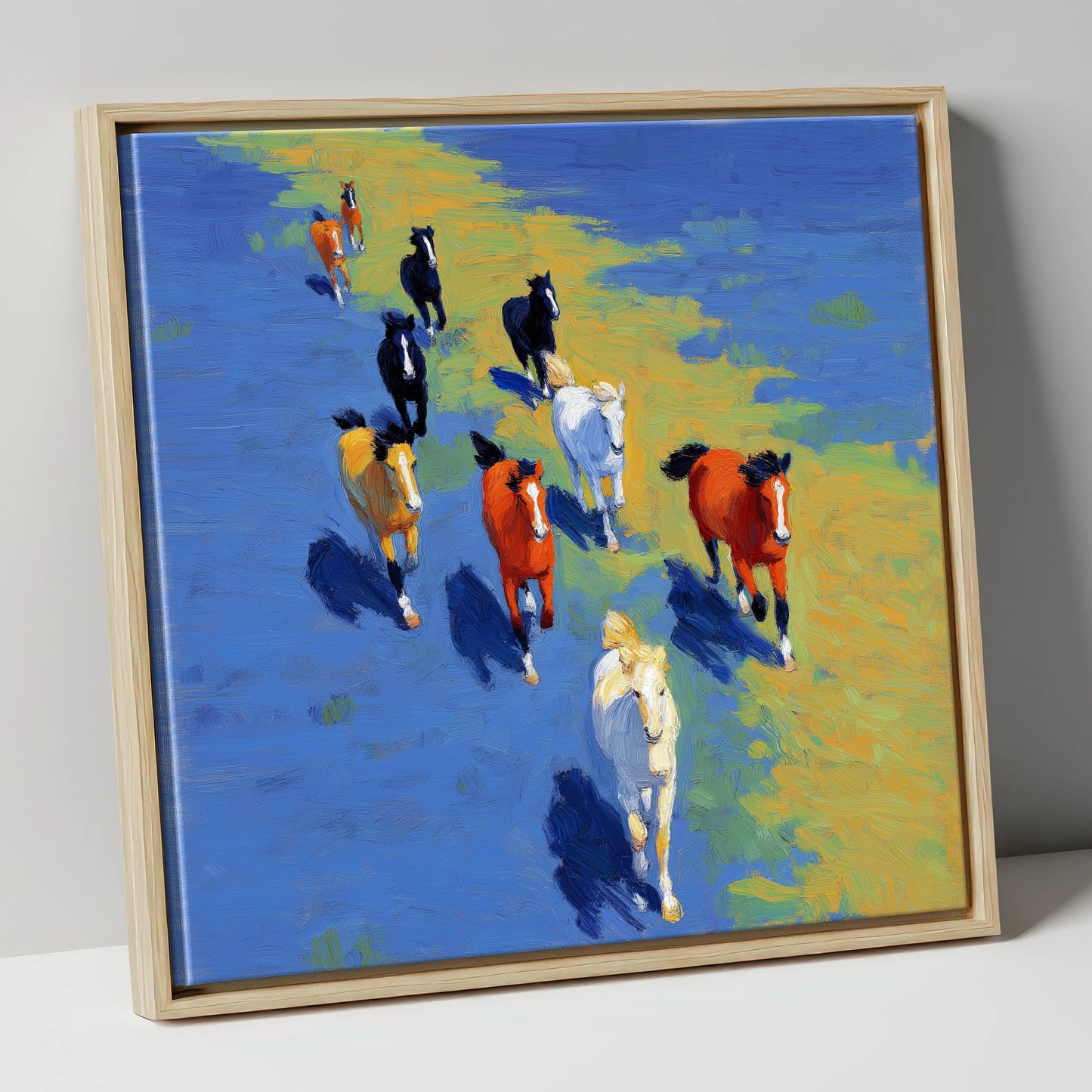 Sunlit Azure Gallop wild horses canvas wall art in natural frame