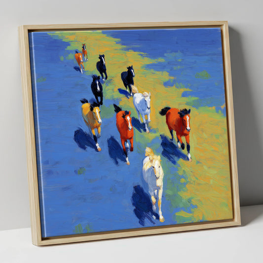 Sunlit Azure Gallop wild horses canvas wall art in natural frame