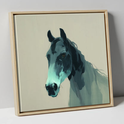 Contemporary Teal Equine horse portrait canvas wall art in natural frame
