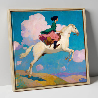 Skyward Bound show jumping horse canvas wall art in natural frame