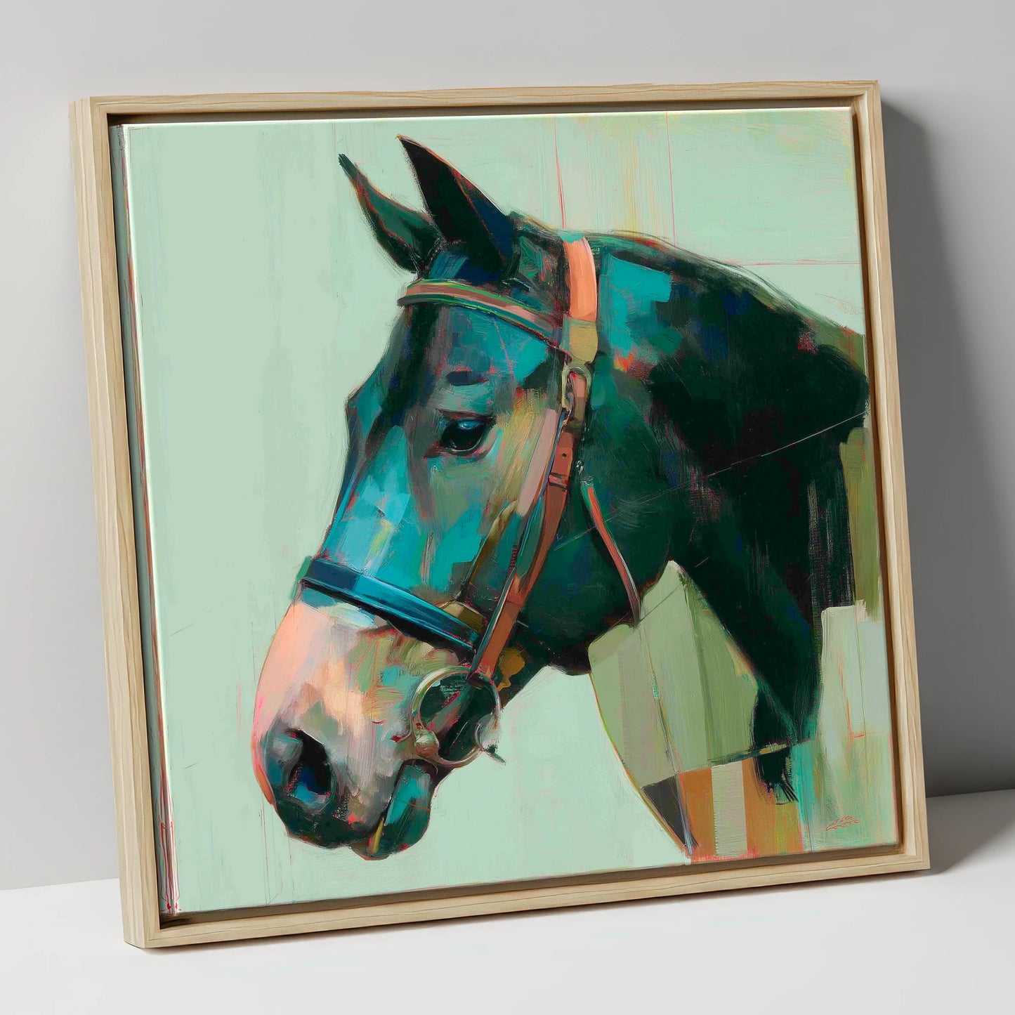 The Midnight Bridle horse portrait canvas wall art in natural frame
