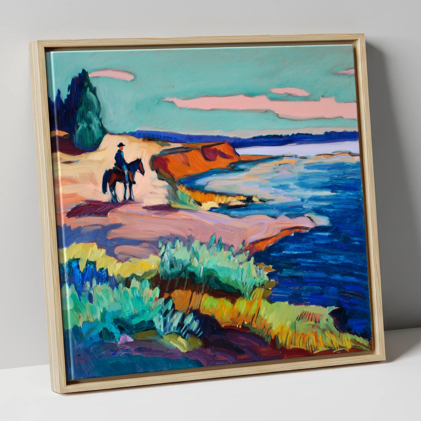 Vivid Coastal Hack beach horse canvas wall art in natural frame