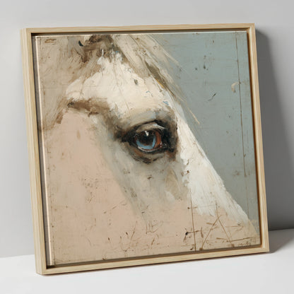 The Watchful Grey horse portrait canvas wall art in natural frame