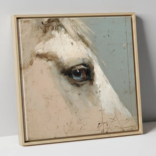 The Watchful Grey horse portrait canvas wall art in natural frame
