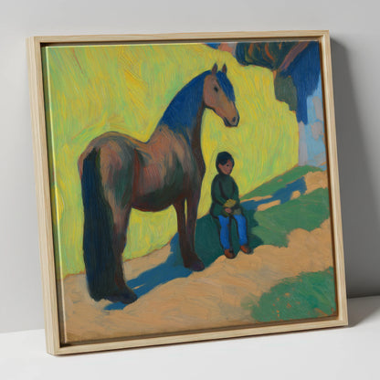Sunlit Companionship horse & rider canvas wall art in natural frame