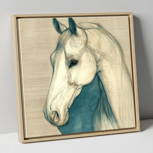 Serene Profile Sketch horse portrait canvas wall art in natural frame
