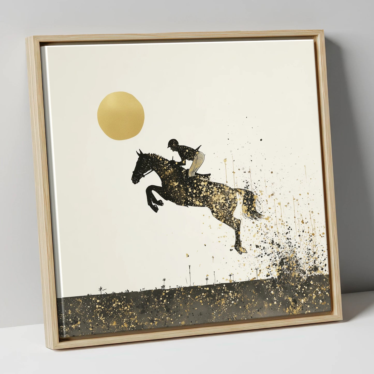 Golden Flight show jumping horse canvas wall art in natural frame