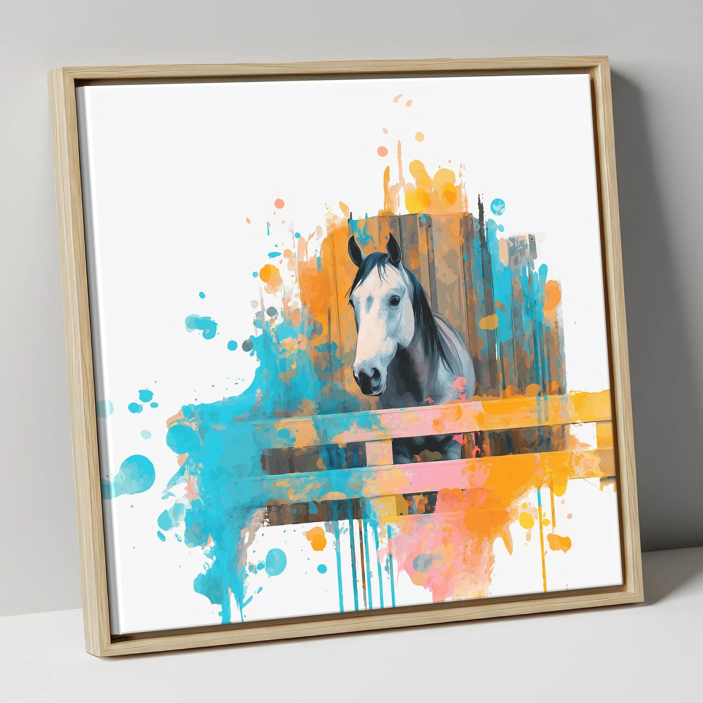 The Inquisitive Grey horse stable canvas wall art in natural frame
