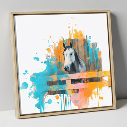 The Inquisitive Grey horse stable canvas wall art in natural frame