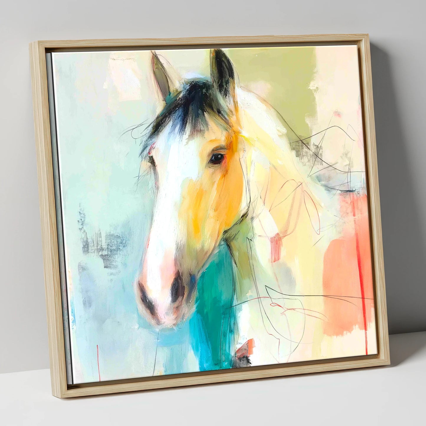 Quiet Grace in Ochre horse portrait canvas wall art in natural frame