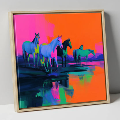 Electric Sunset Herd wild horses canvas wall art in natural frame