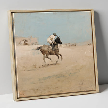 The Morning Gallop racing horse canvas wall art in natural frame