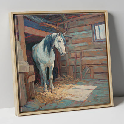 Peaceful Stable Morning horse stable canvas wall art in natural frame