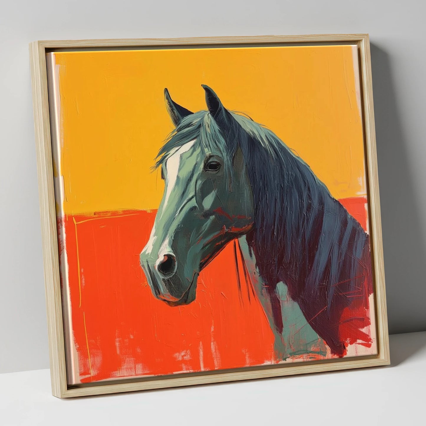 Fiery Grey Portrait horse breed canvas wall art in natural frame
