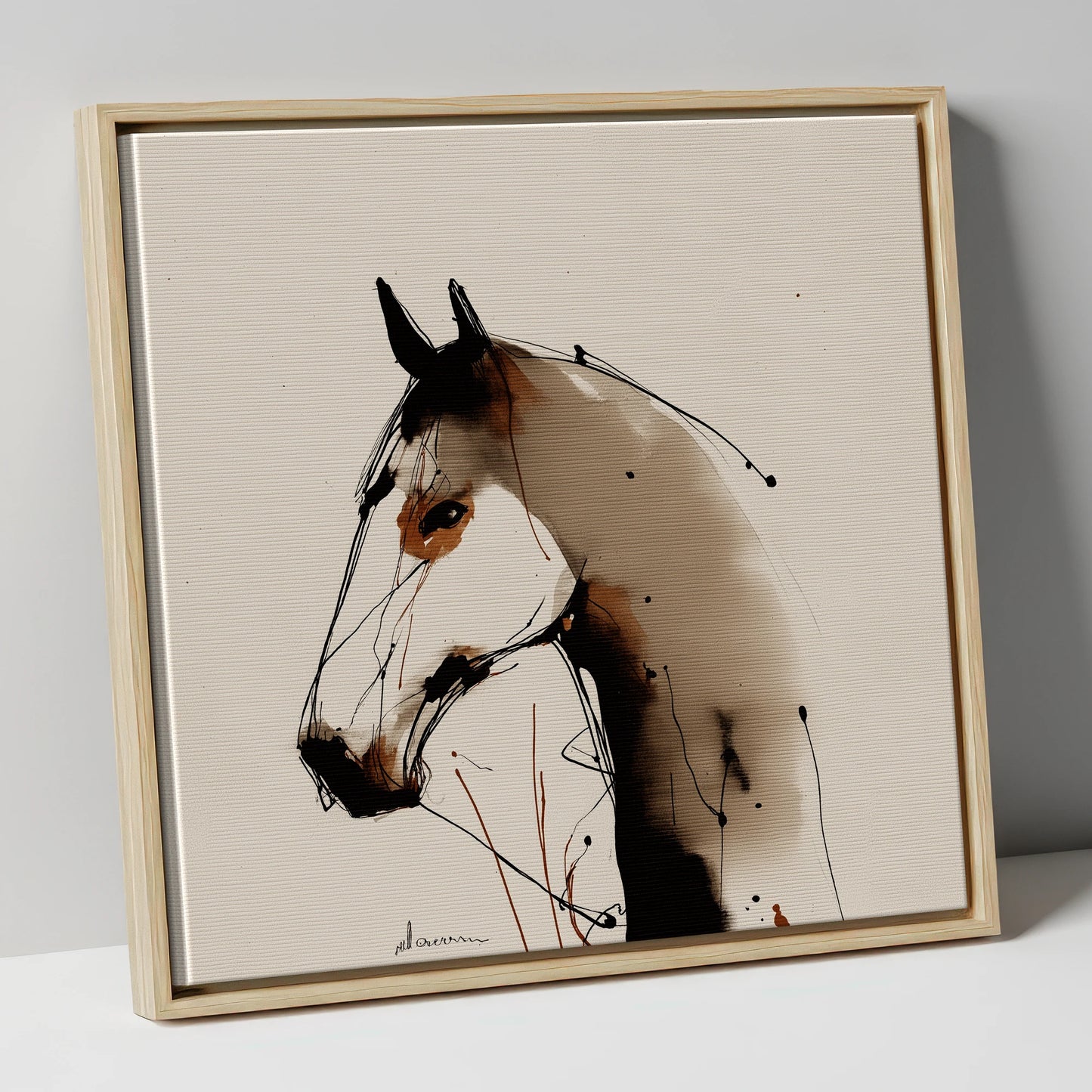 Sepia Ink Silhouette horse portrait canvas wall art in natural frame
