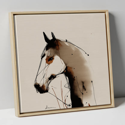 Sepia Ink Silhouette horse portrait canvas wall art in natural frame