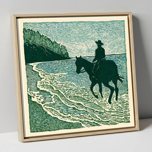Edge of the Tide beach horse canvas wall art in natural frame
