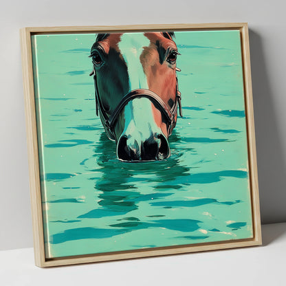 Teal Water Swim beach horse canvas wall art in natural frame