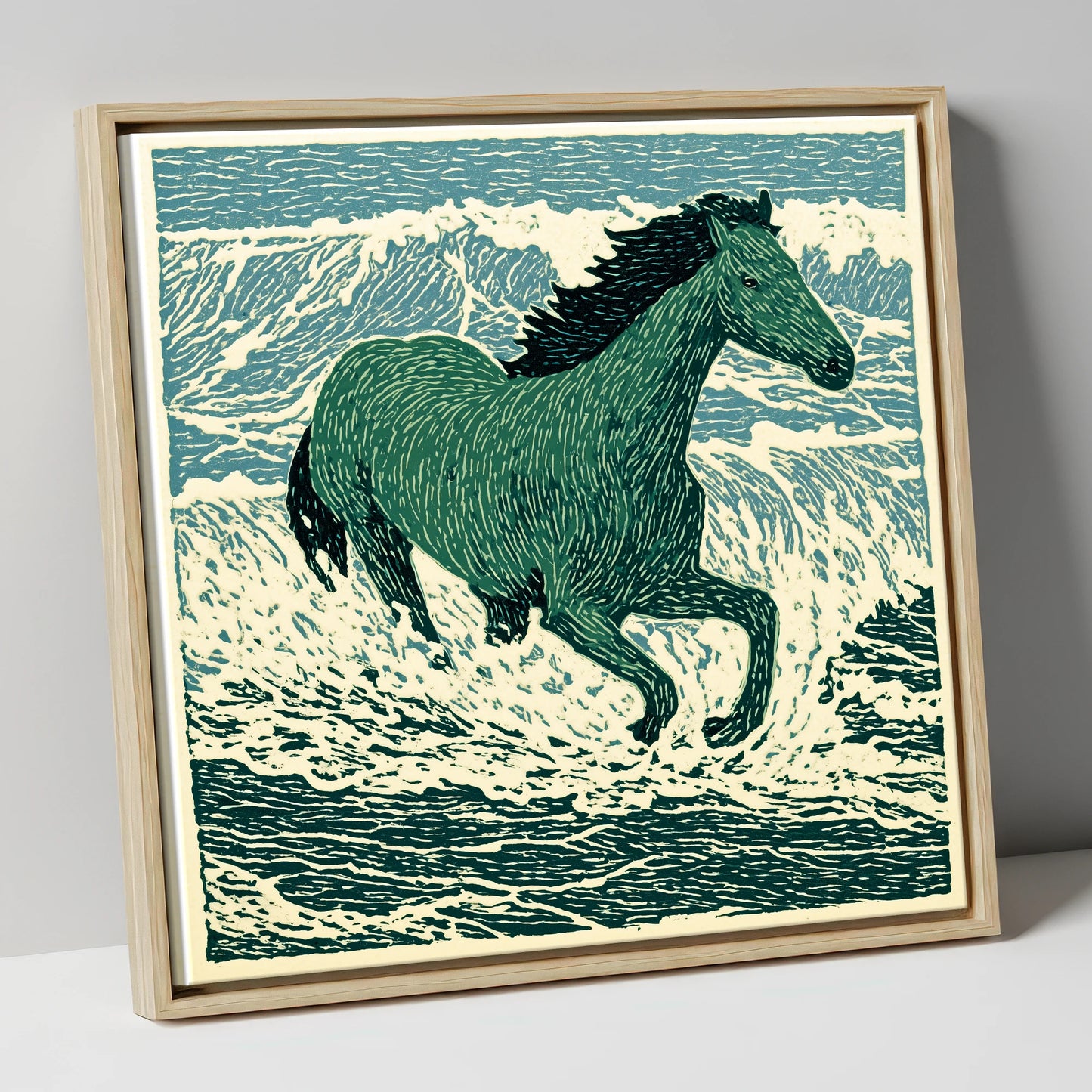 Emerald Surf Canter beach horse canvas wall art in natural frame