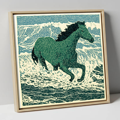 Emerald Surf Canter beach horse canvas wall art in natural frame
