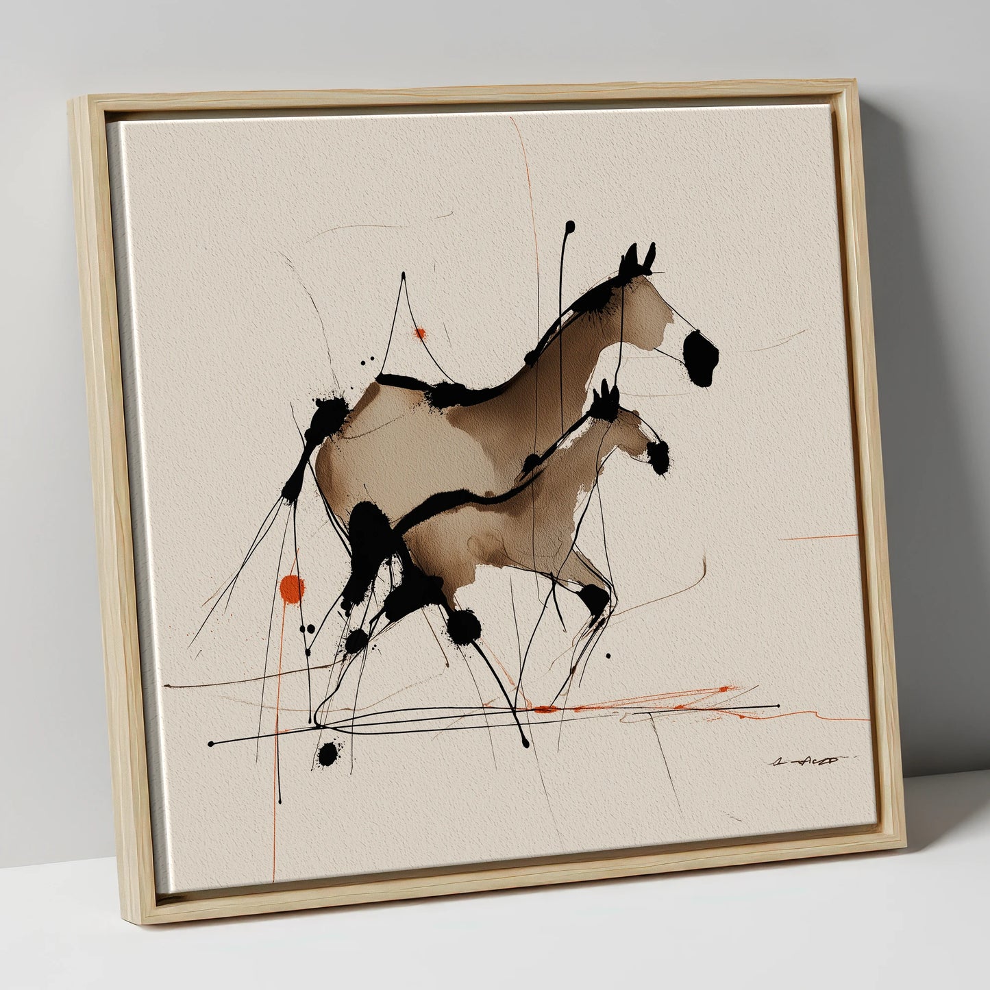 Sepia Shadows mare & foal canvas wall art in natural frame