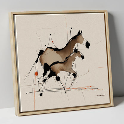 Sepia Shadows mare & foal canvas wall art in natural frame