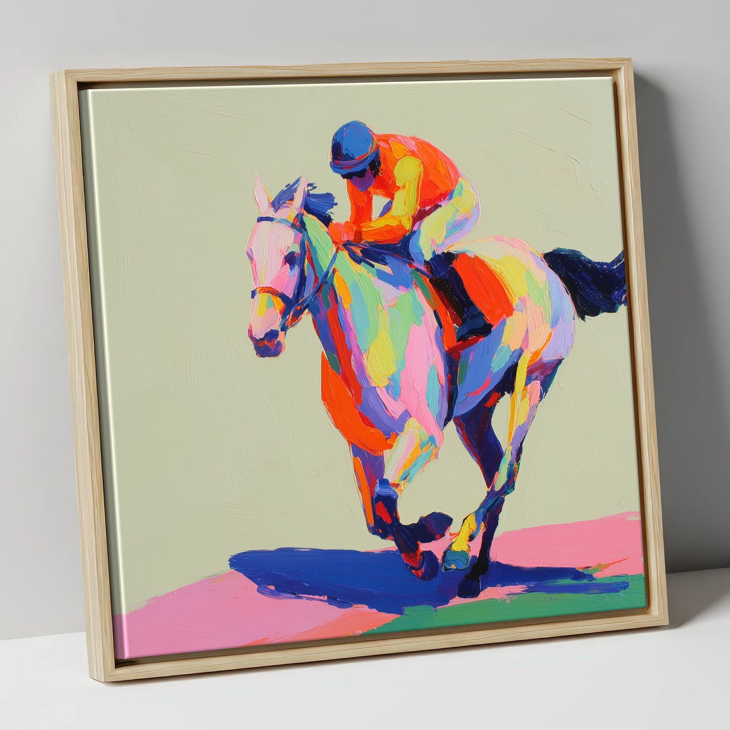Technicolour Sprint racing horse canvas wall art in natural frame