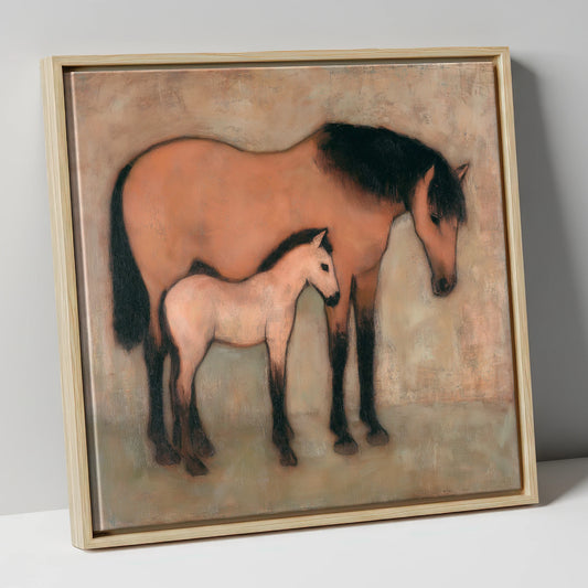 Earthen Bond mare & foal canvas wall art in natural frame