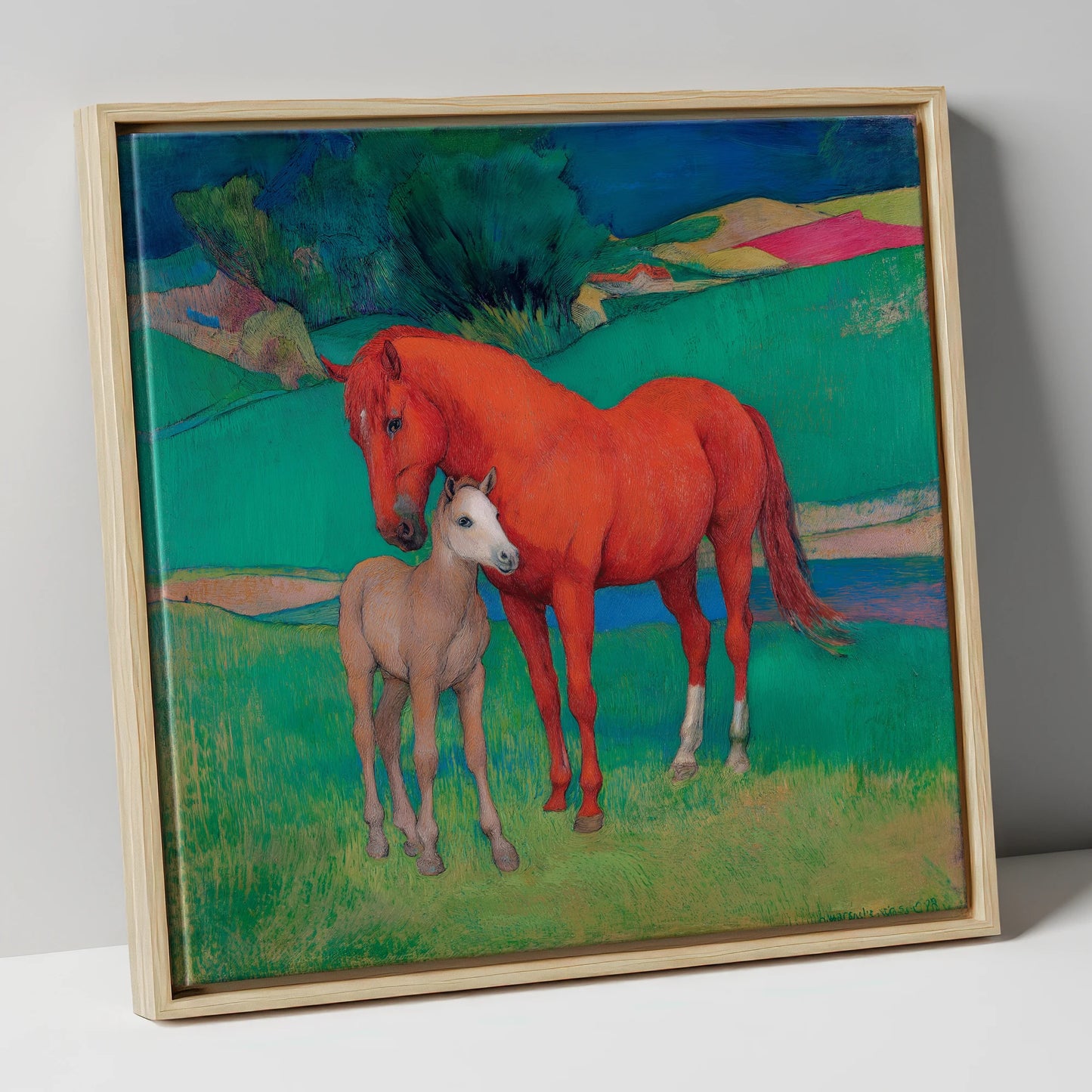 Vibrant Maternal Bond mare & foal canvas wall art in natural frame