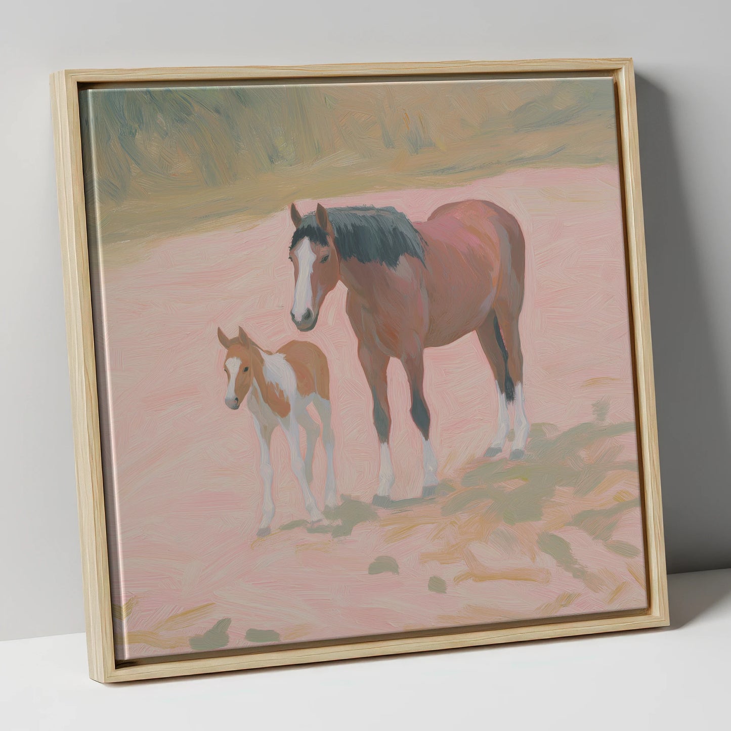 The Gentle Bond mare & foal canvas wall art in natural frame