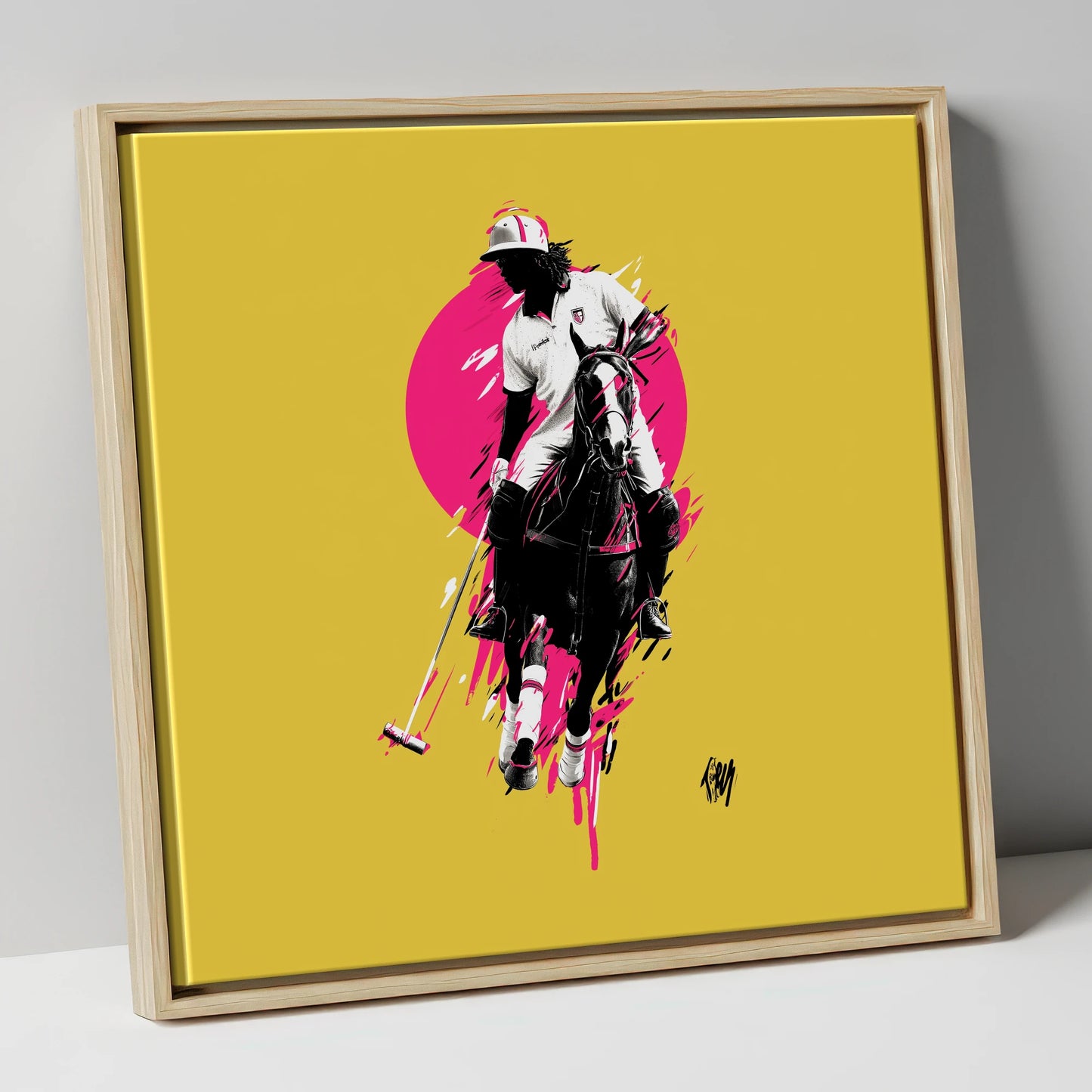 The Vibrant Chukka polo horse canvas wall art in natural frame