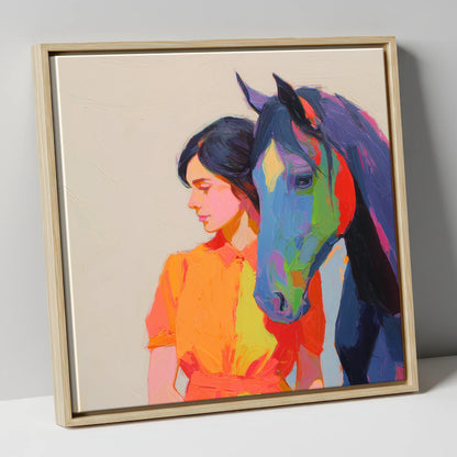 Vivid Companion horse & rider canvas wall art in natural frame