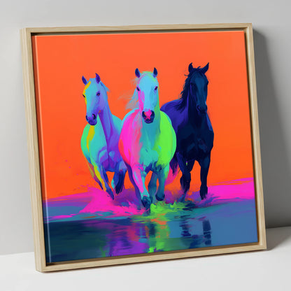 Technicolour Canter wild horses canvas wall art in natural frame