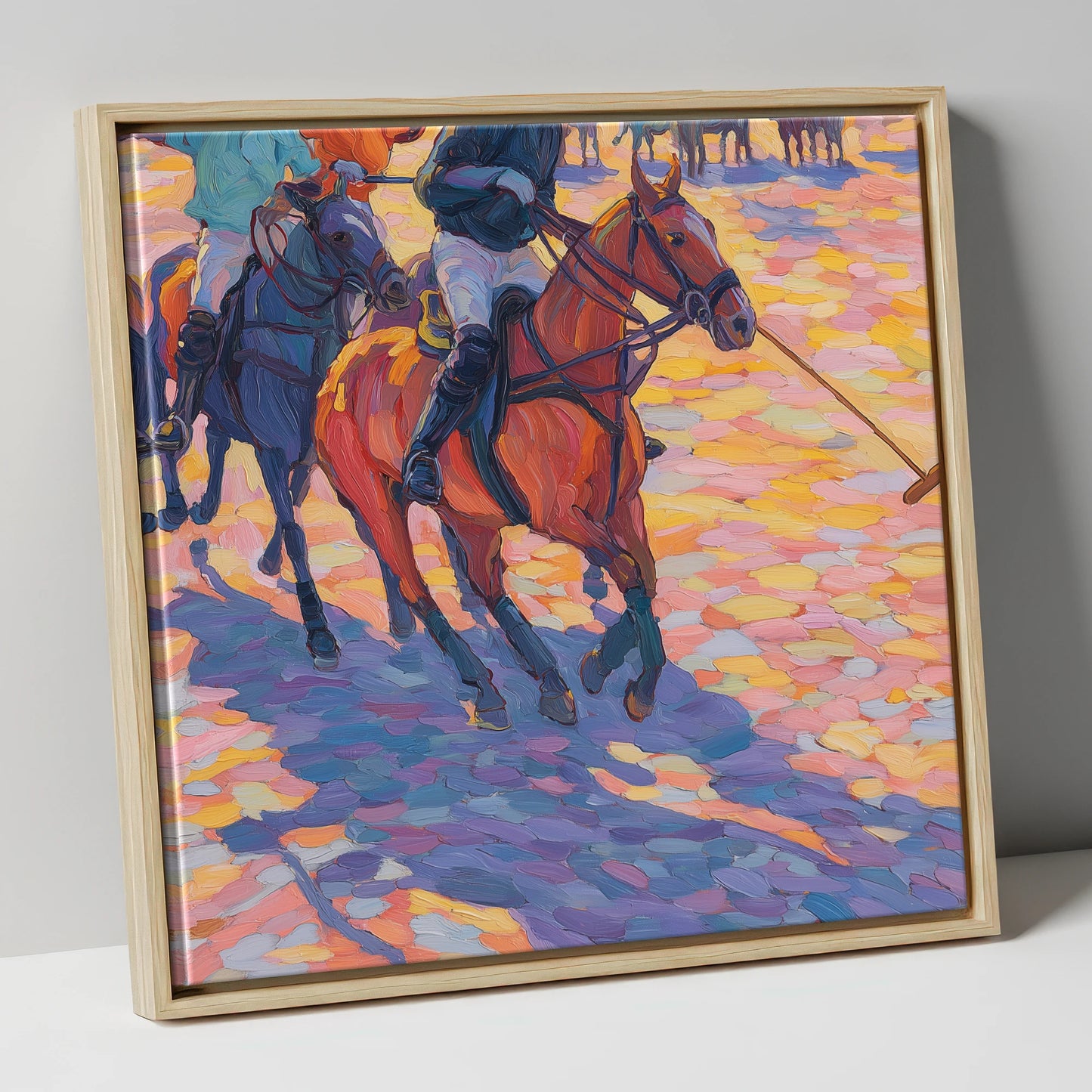 Sunset Chukka Shadows polo horse canvas wall art in natural frame