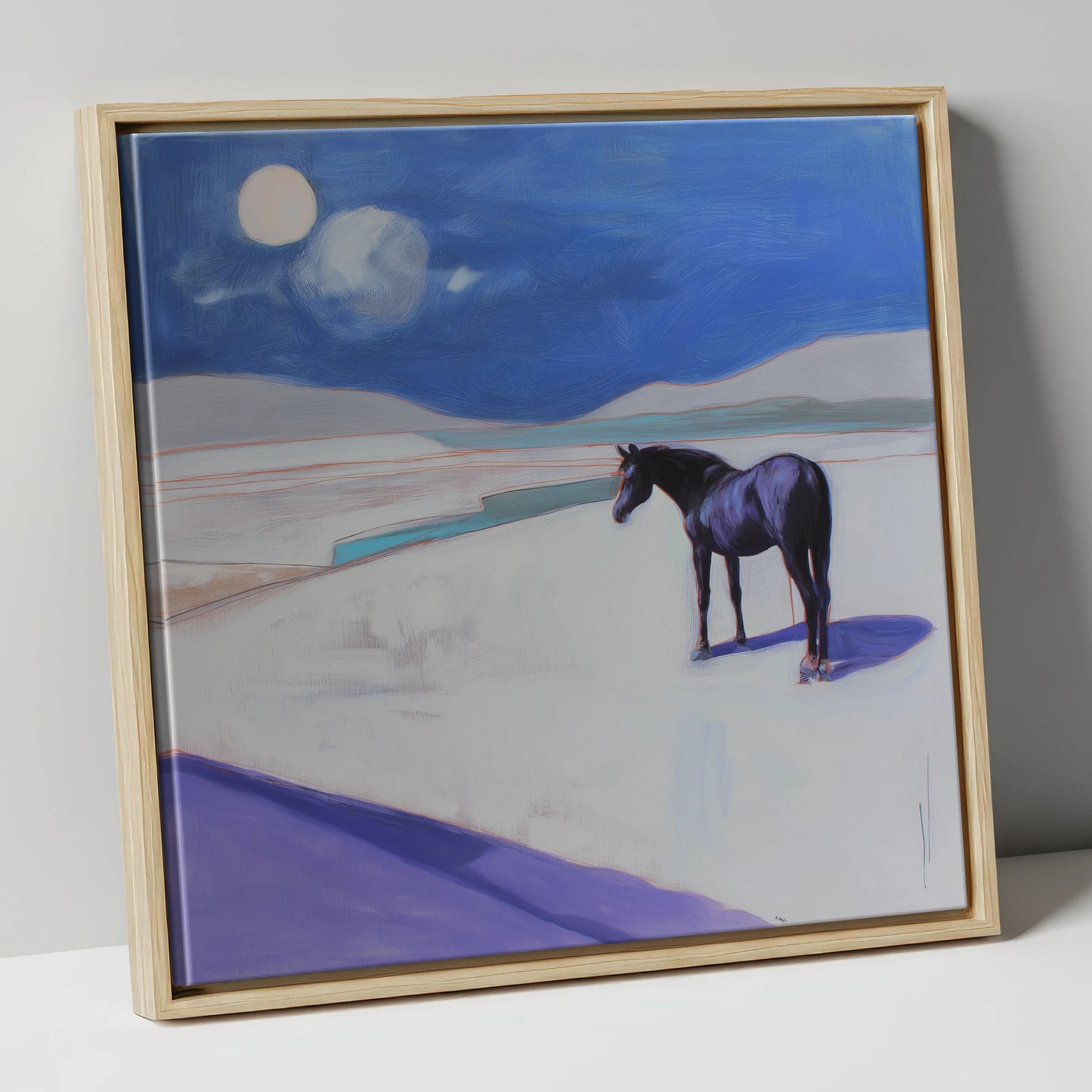 Midnight Solitude horse landscape canvas wall art in natural frame