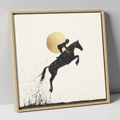 Golden Flight show jumping horse canvas wall art in natural frame