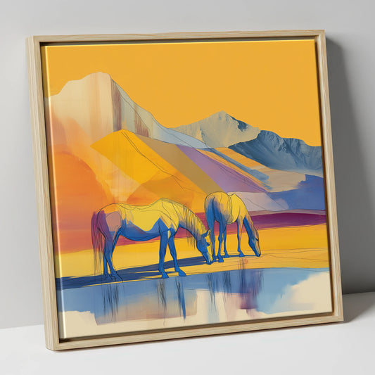 Golden Mountain Pasture horse landscape canvas wall art in natural frame