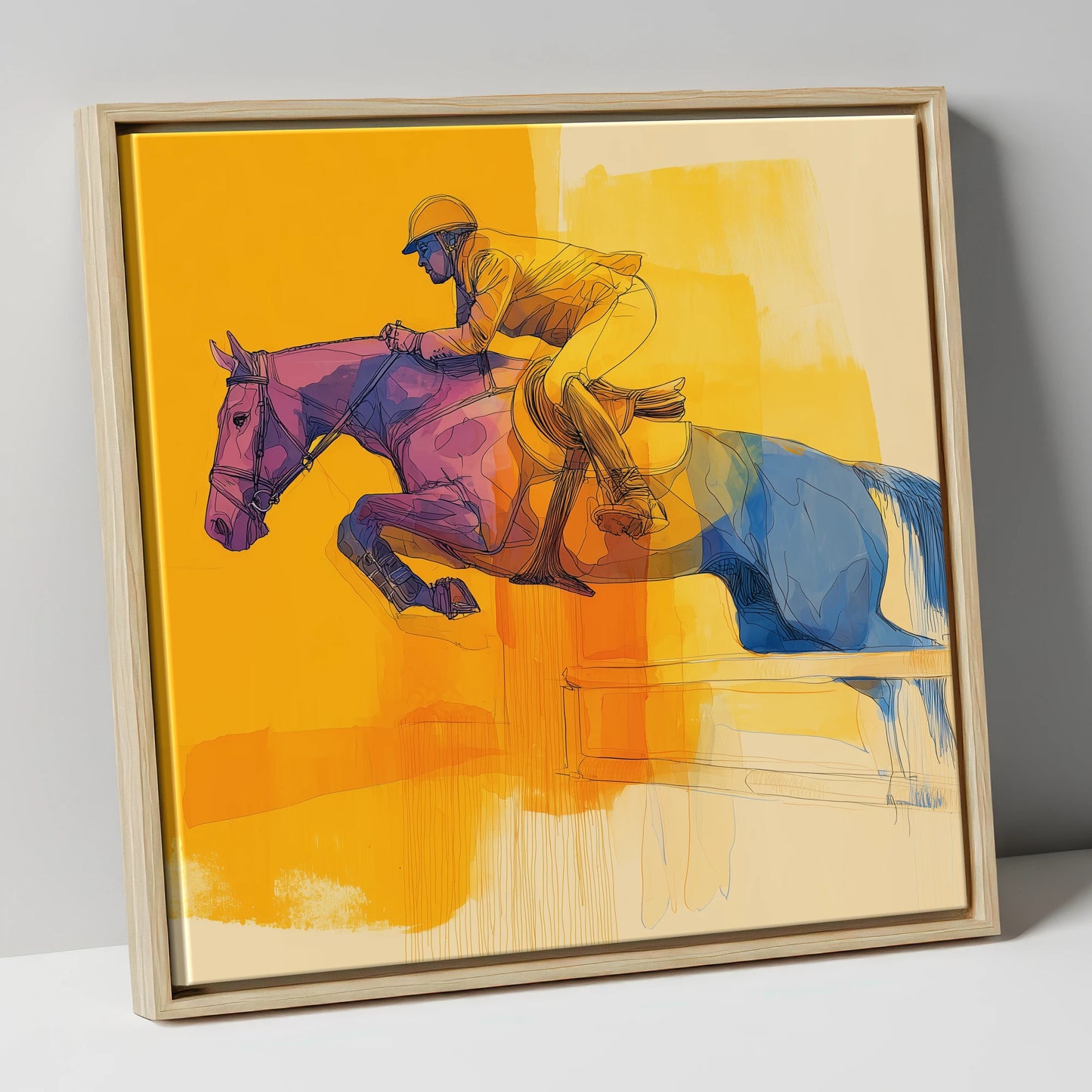 The Colour of Flight show jumping horse canvas wall art in natural frame