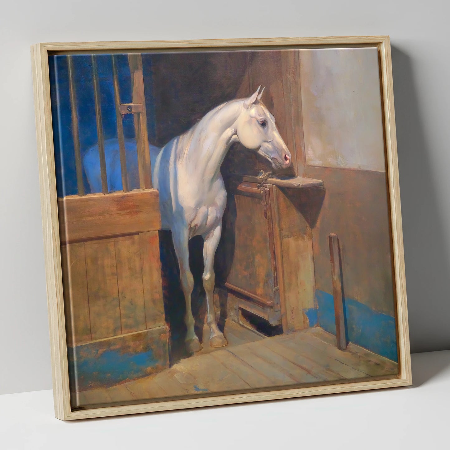 Solitude in the Stall horse stable canvas wall art in natural frame