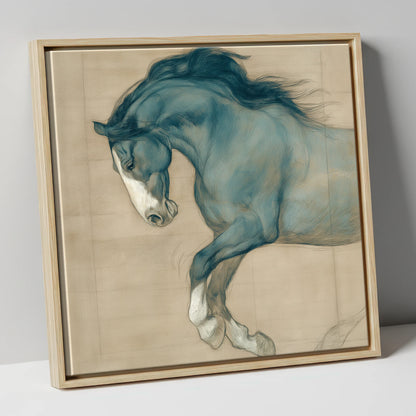Study in Teal horse portrait canvas wall art in natural frame
