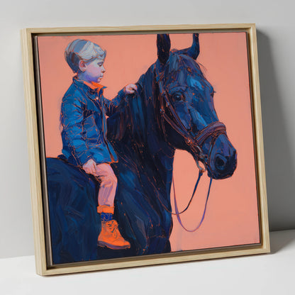 Indigo Beginnings horse & rider canvas wall art in natural frame