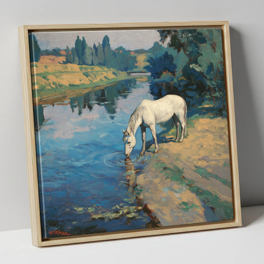 Solace at the River horse landscape canvas wall art in natural frame
